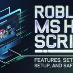 Futuristic tech-inspired feature image showing Roblox characters, script coding, and glowing text for the guide on Roblox MS Hub Script features, setup, and safety.