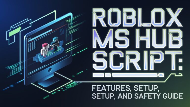 Futuristic tech-inspired feature image showing Roblox characters, script coding, and glowing text for the guide on Roblox MS Hub Script features, setup, and safety.