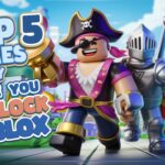 Roblox avatars from popular games like Adopt Me!, Brookhaven, and Arsenal in a colorful, vibrant world with the text 'Top 5 Games to Try Once You Unblock Roblox'.