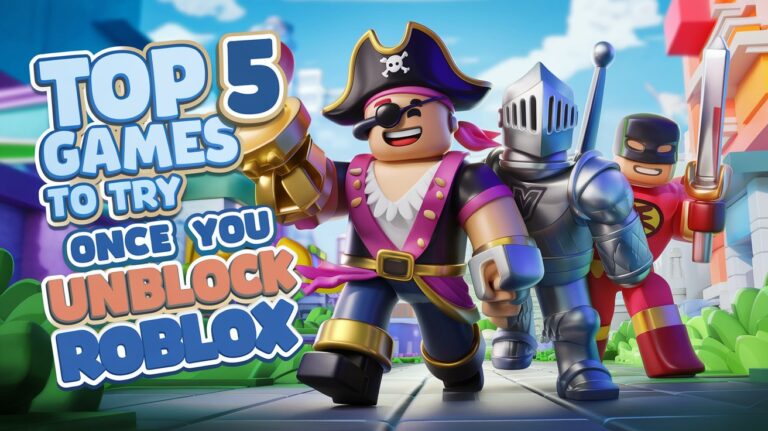 Roblox avatars from popular games like Adopt Me!, Brookhaven, and Arsenal in a colorful, vibrant world with the text 'Top 5 Games to Try Once You Unblock Roblox'.