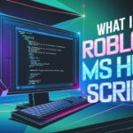 Futuristic feature image with a computer screen showing script code, Roblox characters, and the title 'What is Roblox MS Hub Script?' in bold neon typography.