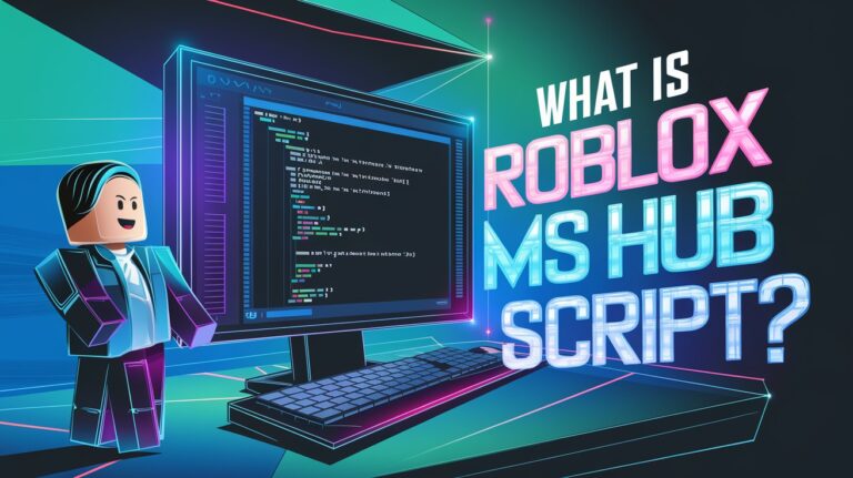 Futuristic feature image with a computer screen showing script code, Roblox characters, and the title 'What is Roblox MS Hub Script?' in bold neon typography.